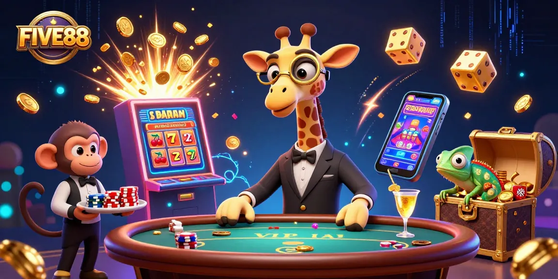 Win big with FIVE88 at a vibrant online casino, showcasing a high-roller giraffe and thrilling games.