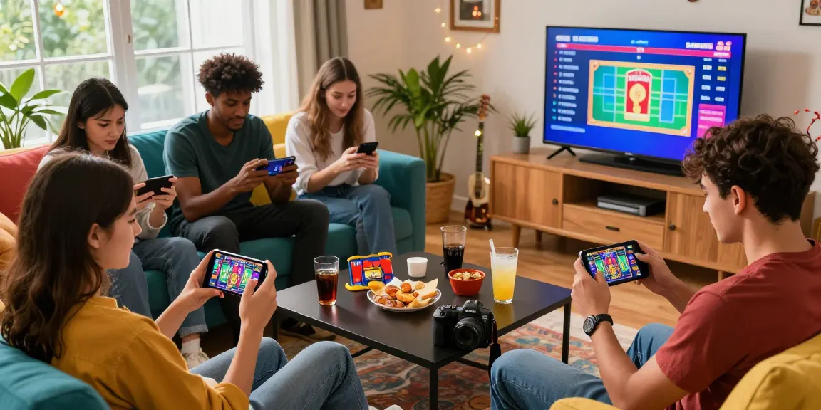 Mobile gaming night with friends enjoying 3 Patti Vegas in a vibrant living room.