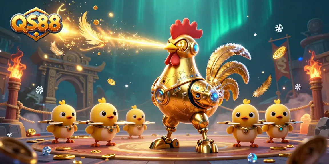 Experience thrilling gameplay at QS88 with a dynamic scene of a golden rooster robot and baby chick drones.