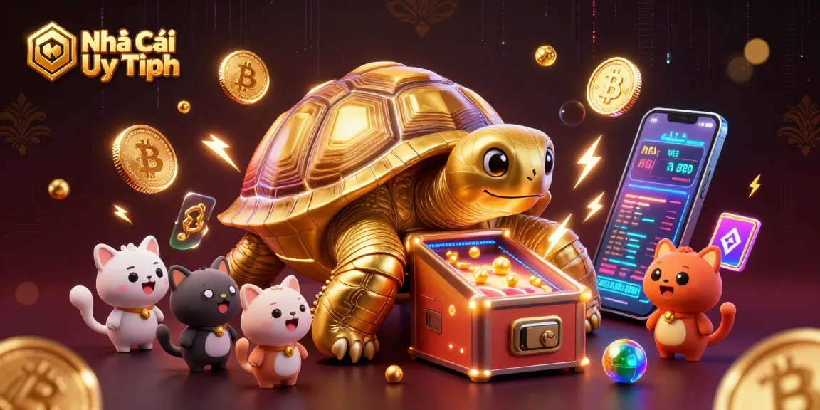 Engage with Nhà Cái Uy Tín as golden tortoise and lively animals play amidst vibrant gambling elements.