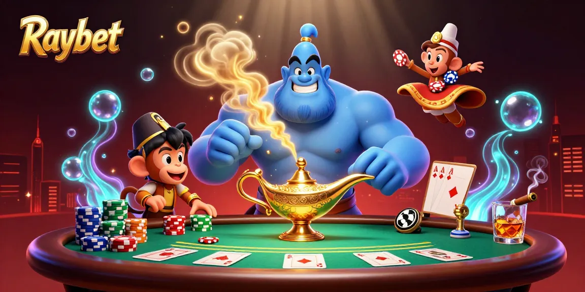 Experience Raybet with thrilling casino elements like poker chips and a colorful genie.