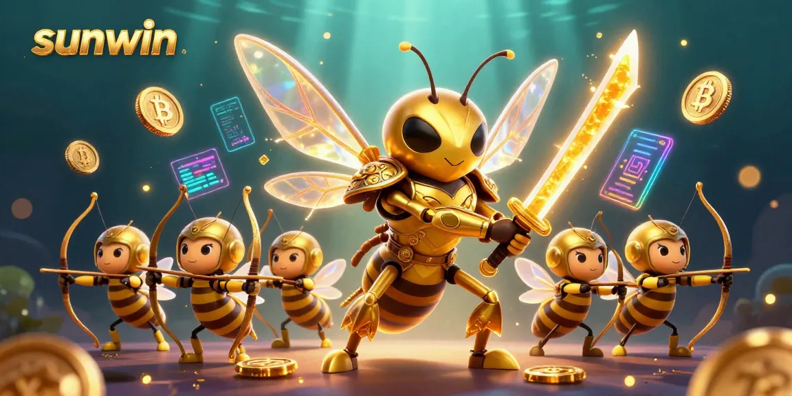 Win big with sunwin in this vibrant 3D casino scene featuring a golden hornet and crypto elements.