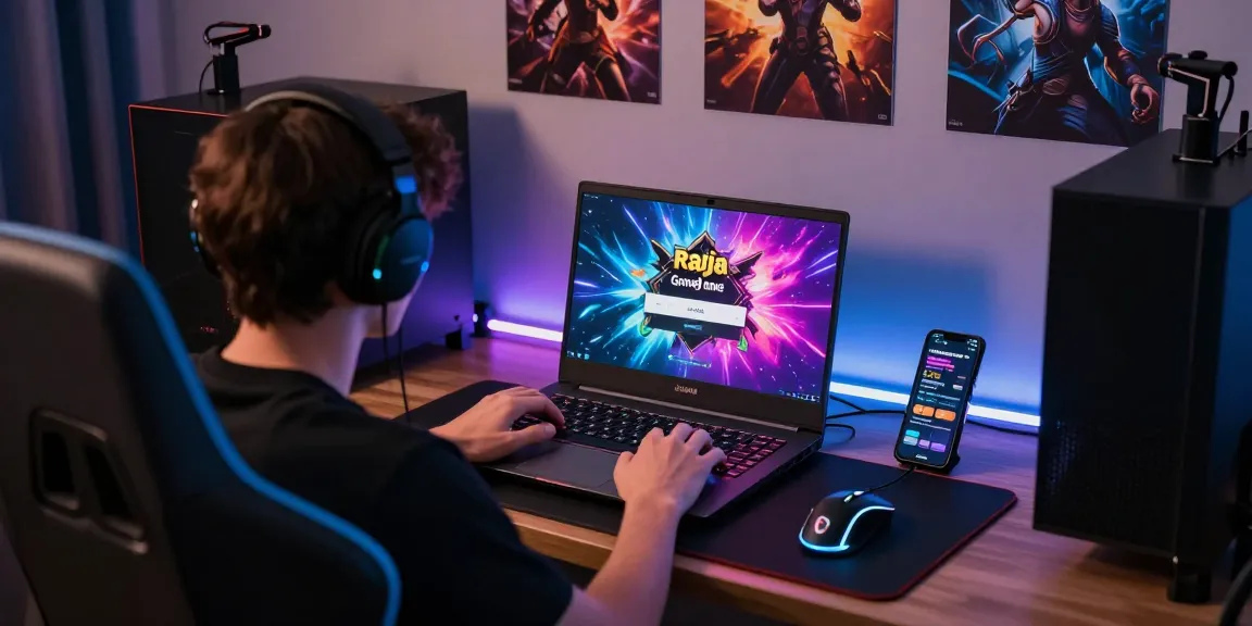 Engaged user at Raja Game login interface on a vibrant gaming setup.