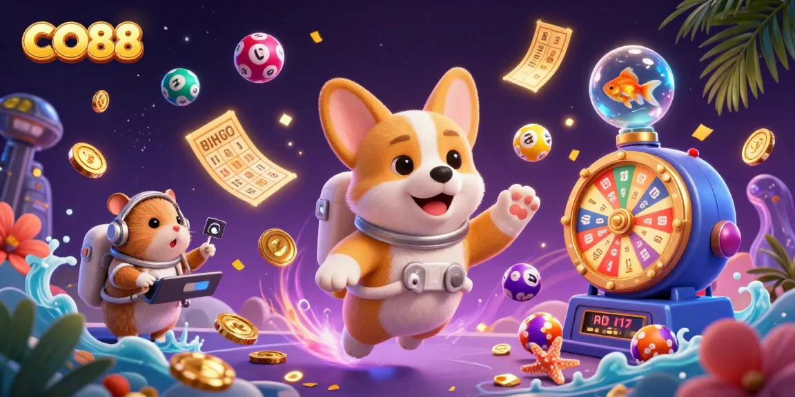 Experience CO88 excitement in a vibrant casino scene with floating characters and games.
