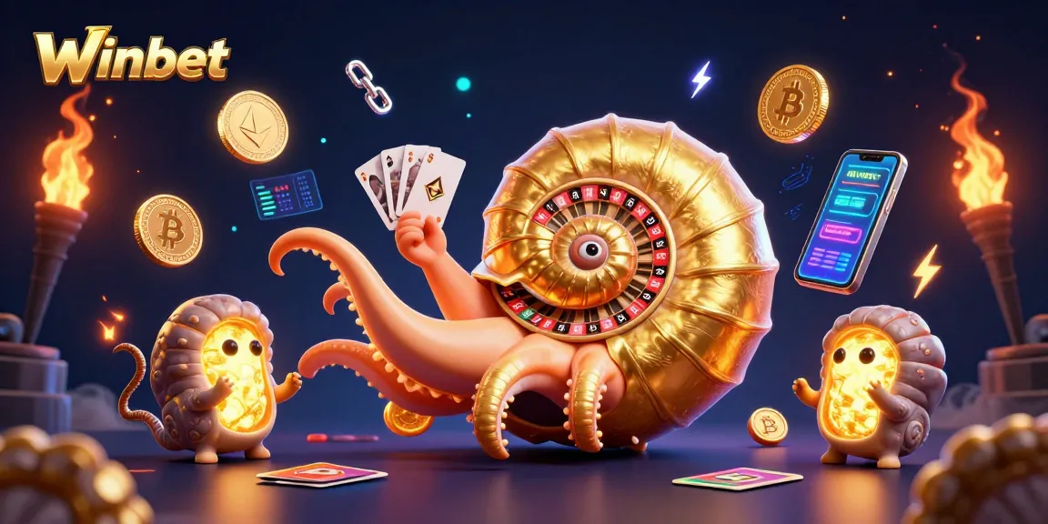 Winbet showcases a dynamic 3D casino scene with a nautilus roulette wheel and glowing crypto coins.