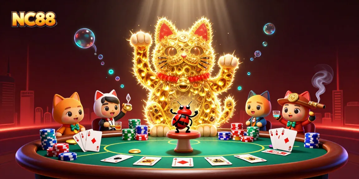 Experience NC88's vibrant casino magic with a golden lucky cat and colorful poker elements in this lively 3D rendering.