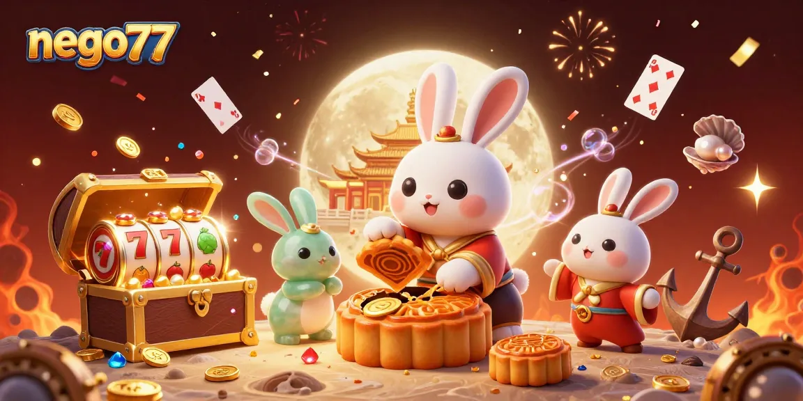 The nego77 platform showcases vibrant slot games with high RTP, depicting the moon rabbit character celebrating wins.