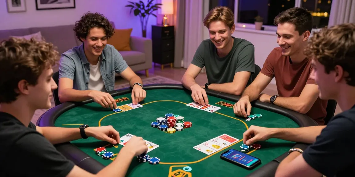 Engaged friends playing Teen Patti Gold in a lively atmosphere, VISIT SITE for APK download.