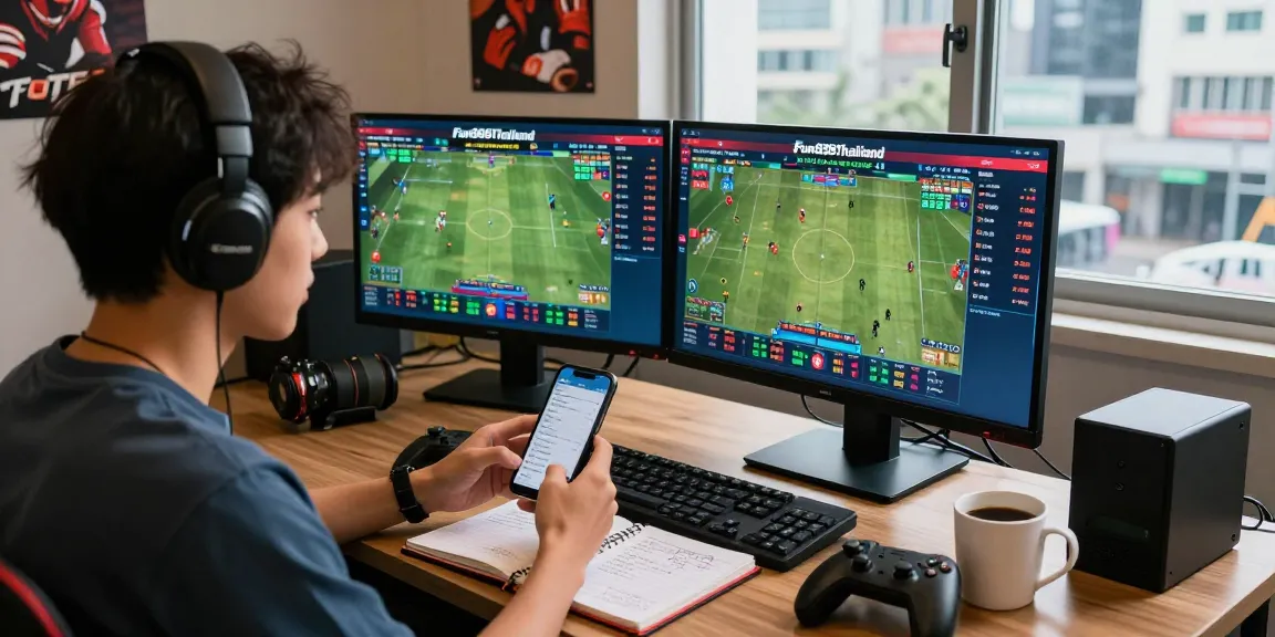 Enthusiastic bettor engaging with Fun88Thailand's live sports betting on multiple screens in an action-packed home office.