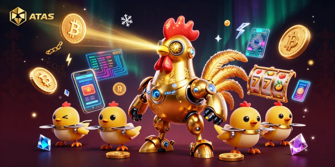 Join the excitement at ATAS casino with a golden rooster robot and dazzling 3D coins lighting up the scene.