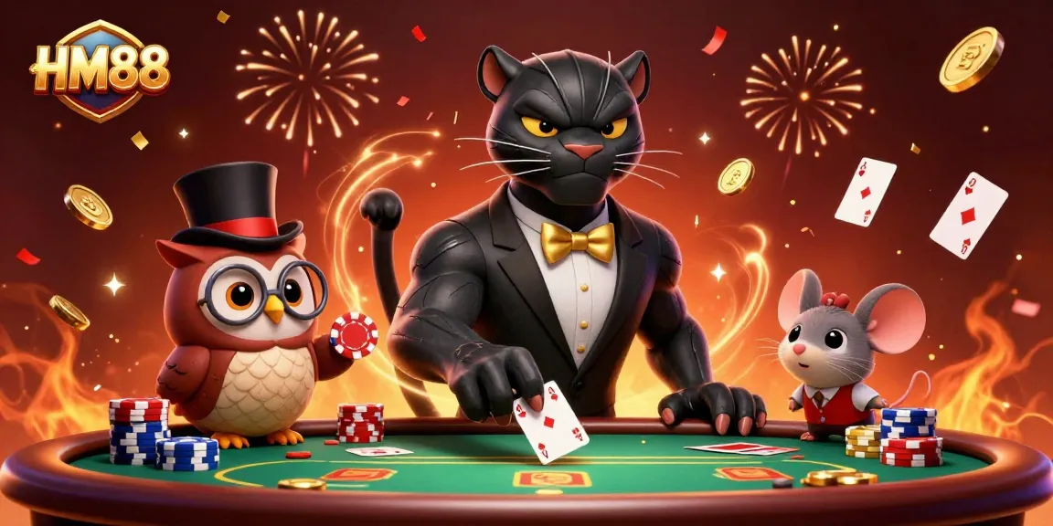 Experience thrilling poker action with HM88's stylish characters and vibrant casino elements.