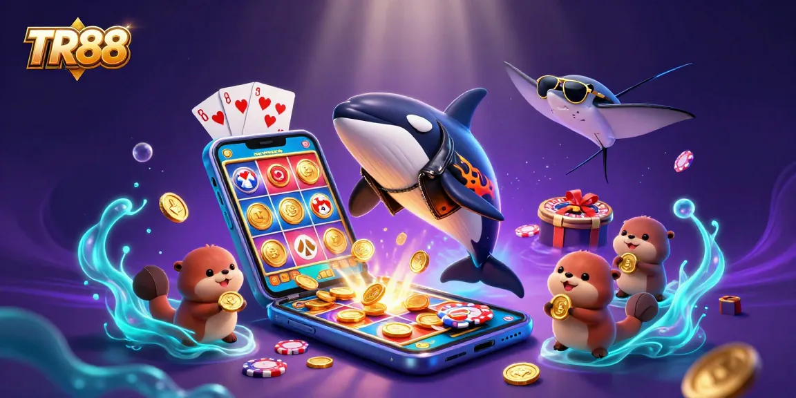 Experience thrilling gaming at TR88, featuring playful marine characters and vibrant casino elements.