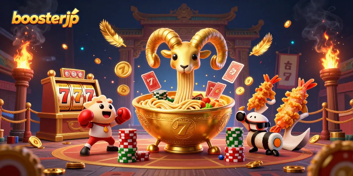 boosterjp offers an exciting slots scene featuring a golden ramen bowl dealer and festive gambling elements.