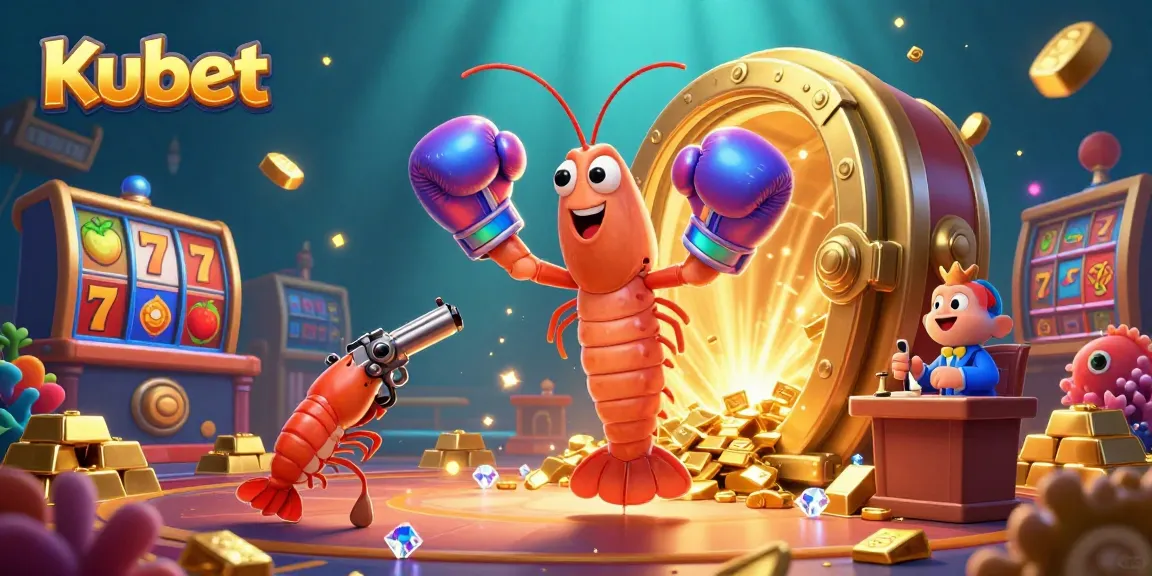 Kubet's vibrant 3D illustration showcases a mantis shrimp fighter in a festive casino with treasures and gaming elements.