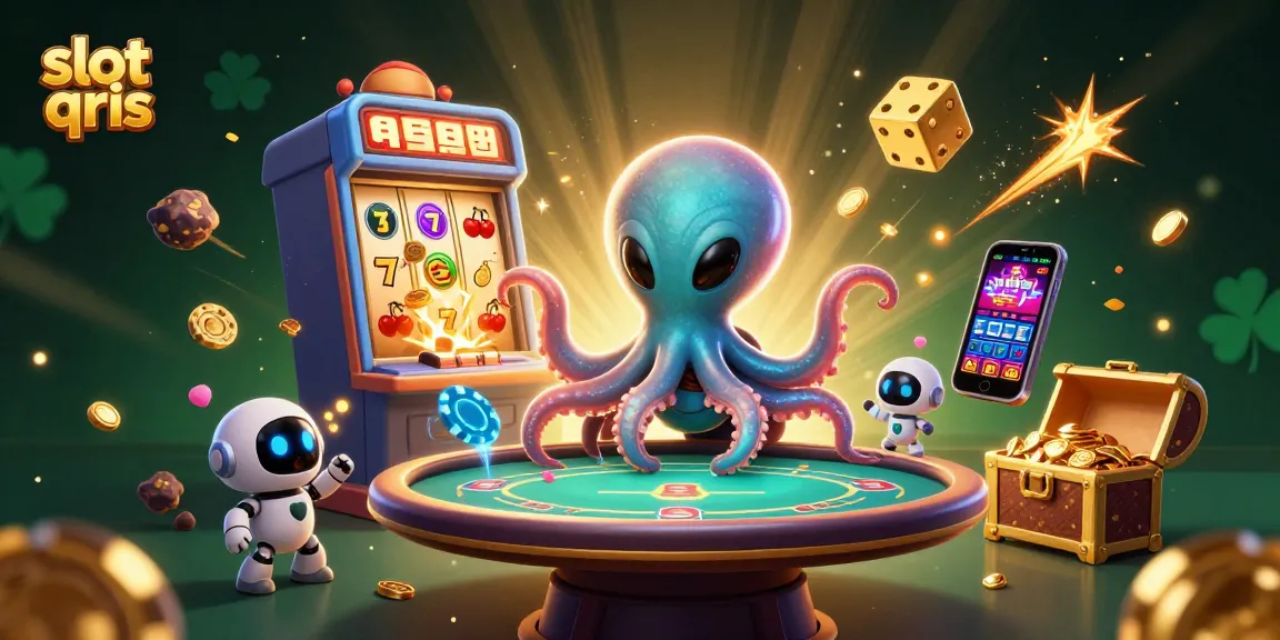 Mengoperasikan slot qris dengan kecepatan tinggi, alien tentakel dan robot menarik jackpot di latar luar angkasa.
