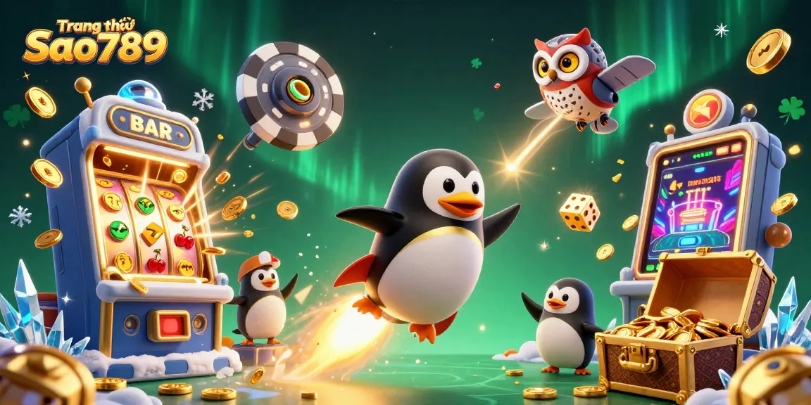 Experience the excitement of Trang chủ Sao789 with our vibrant and dynamic casino illustration of a golden penguin journeying through a winning world.