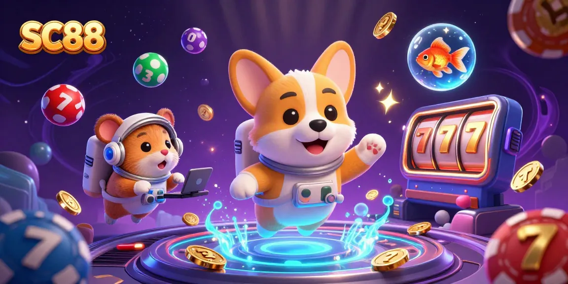Experience thrilling jackpot excitement at SC88 with a playful astronaut corgi in a vibrant casino scene.