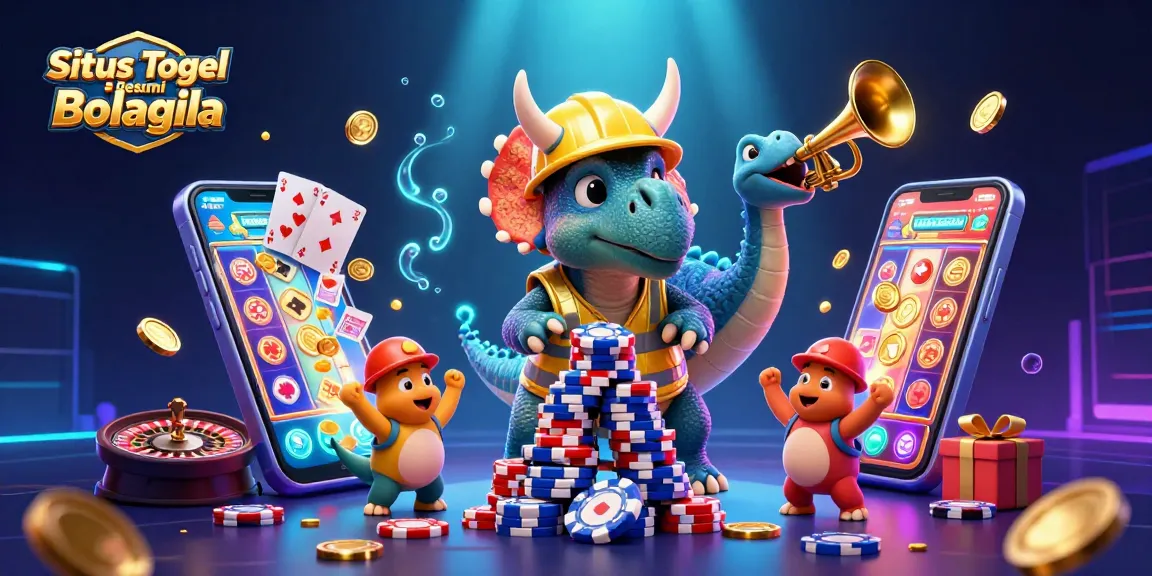 Situs Togel Resmi Bolagila menunjukkan triceratops membangun piramida chip poker dalam konteks judi yang bersemangat.