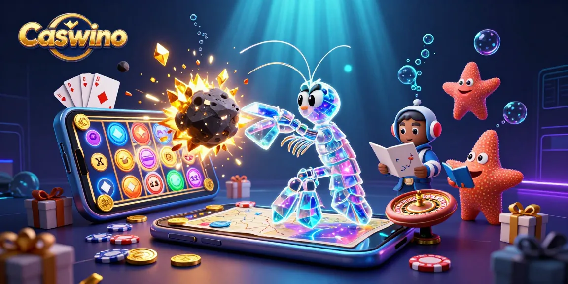 Caswino showcases an action-packed illustration featuring a galactic samurai mantis shrimp and a starfish navigating a vibrant casino world.