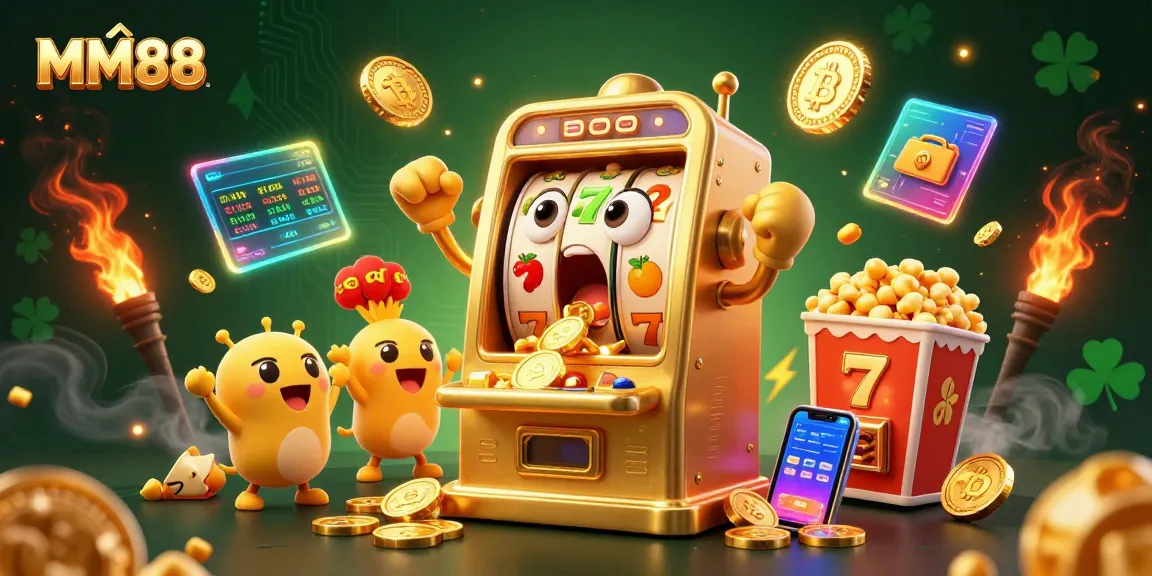 Experience the excitement of MM88 with a golden slot machine hitting the jackpot amidst vibrant casino elements.