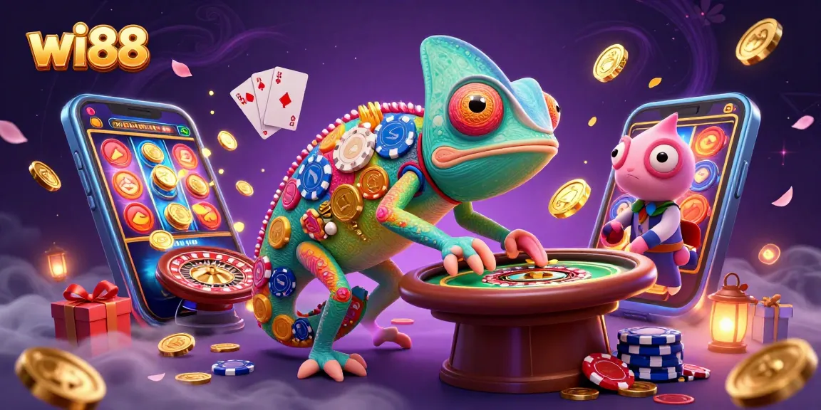 wi88 chameleon casino owner amid colorful slot games and gold coins cascading