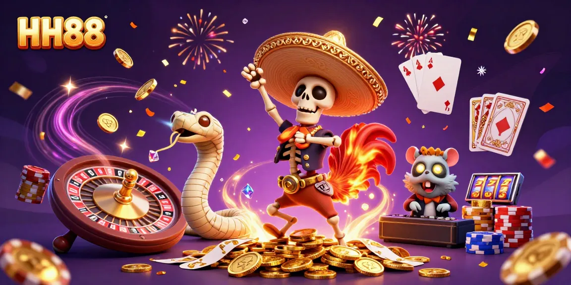 Experience thrilling wins at HH88 with vibrant casino characters celebrating among shining coins.
