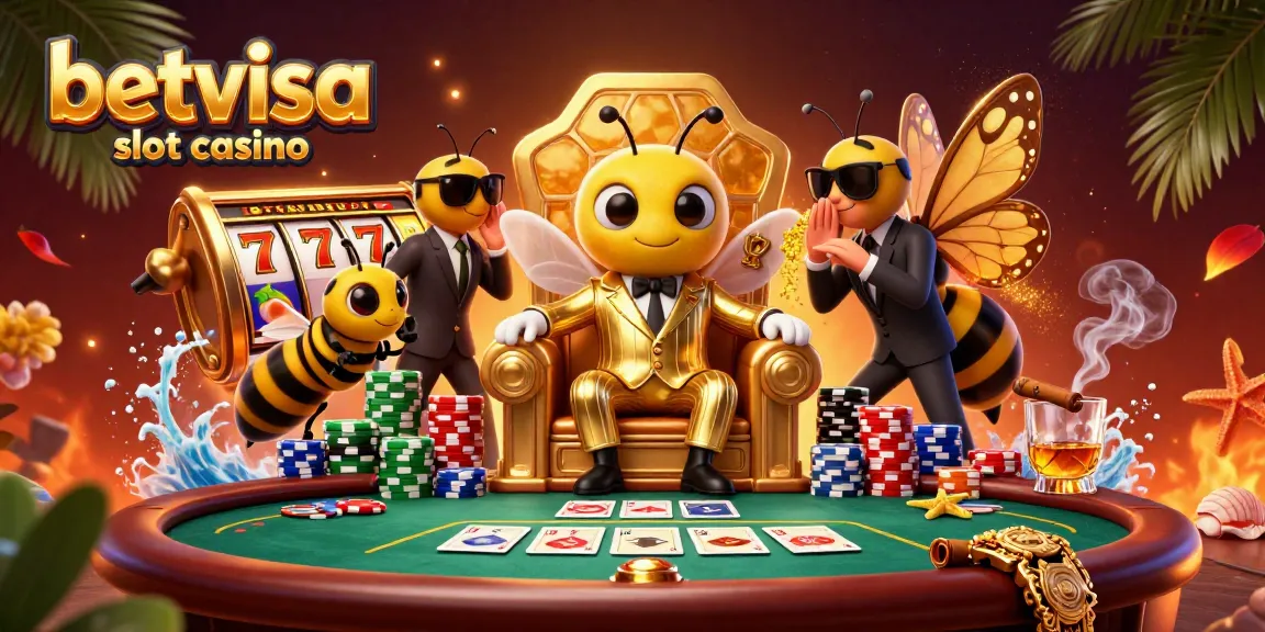Experience the excitement at betvisa slot casino with vibrant 3D slots, poker chips, and lively characters.