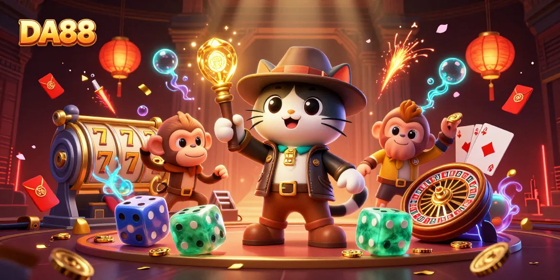 Experience thrilling gaming at DA88, where a feline explorer uncovers golden casino treasures in a vibrant illustration.