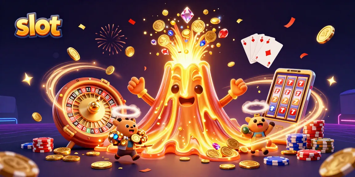 Putaran slot menguntungkan dengan erupsi gunung emas dan hewan kecil membawa harta karun.
