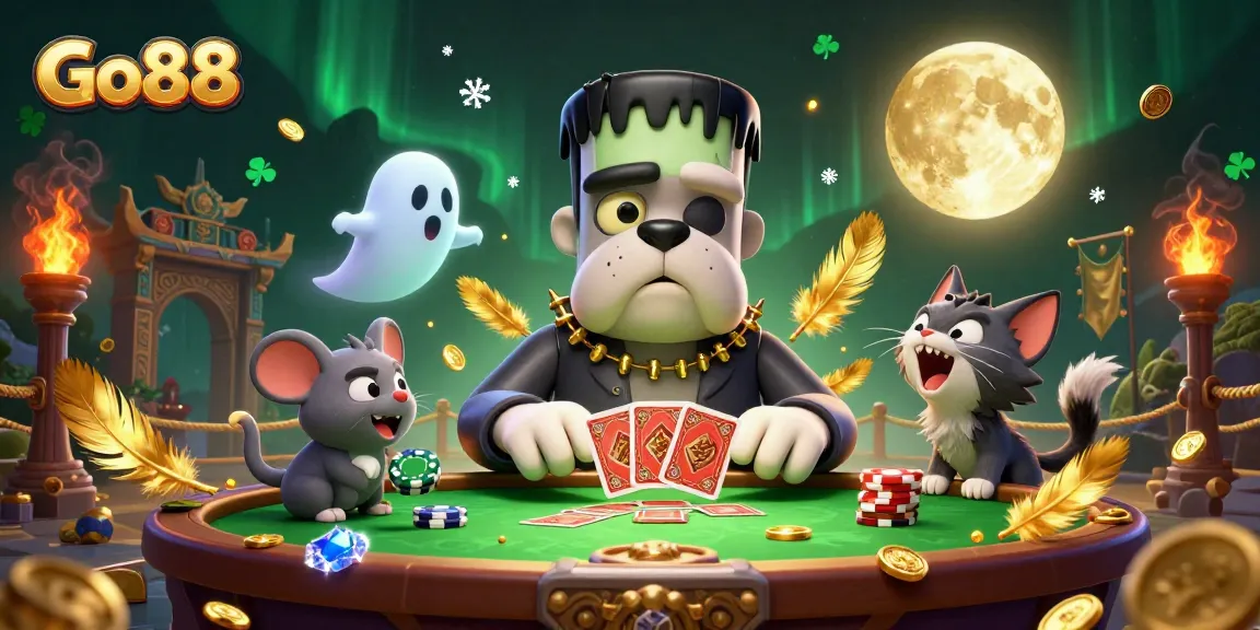 Engage with Go88's exciting gameplay featuring vivid caricatures dealing cards in a haunted setting.