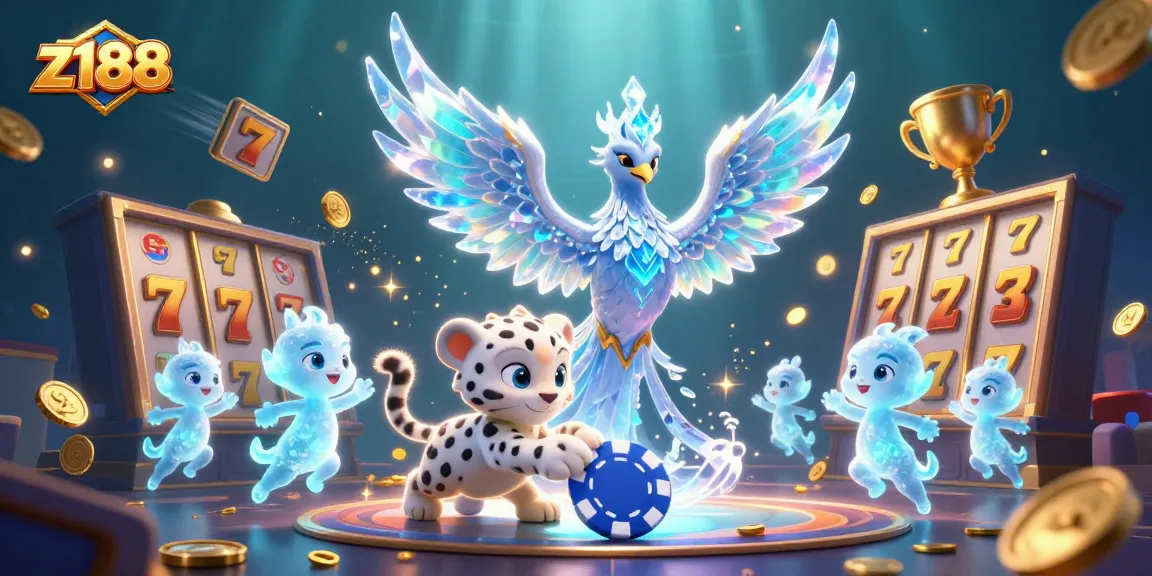 Play thrilling slots on z188 with an ice phoenix and a snow leopard cub in a vibrant casino scene.