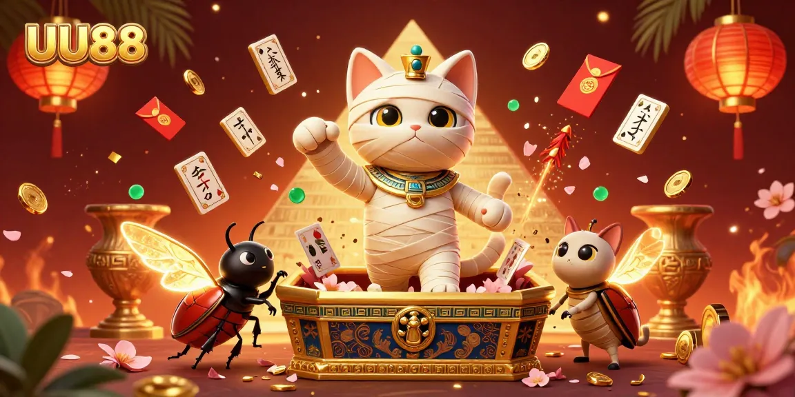 Experience the excitement of UU88 with a lively scene of a digital casino featuring unique characters and floating game elements.