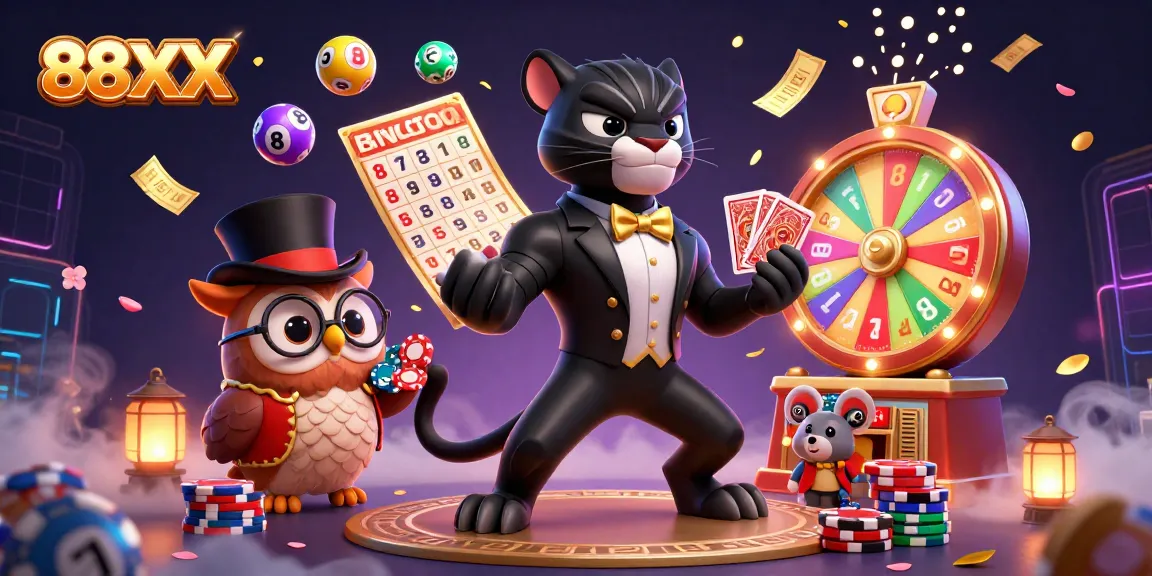 Engaging 88XX casino scene featuring a stylish panther, owl, and lucky mouse with gaming elements.
