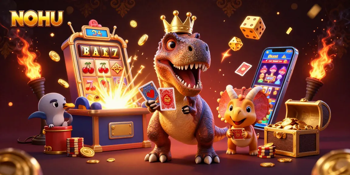 NOHU engages players with a vibrant casino atmosphere featuring exciting characters and golden chips.