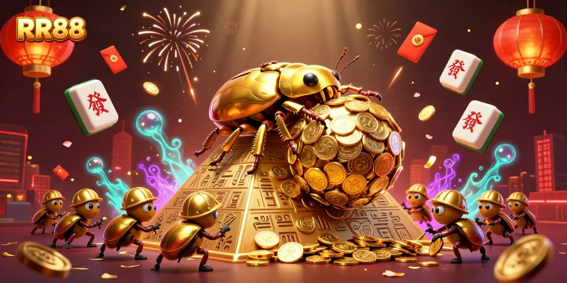 Engage with the thrilling RR88 casino experience as you witness golden beetles rolling coins under vibrant casino-themed elements.