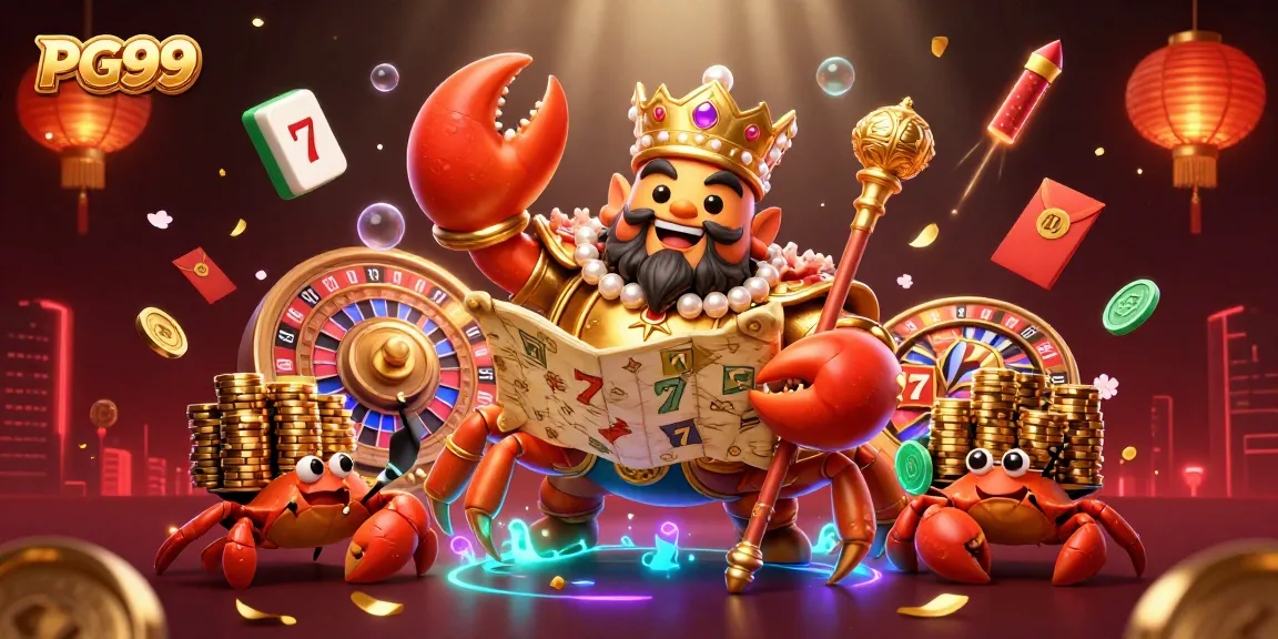 Engage in winning gameplay at PG99’s vibrant online casino with golden crab emperor and festive elements.