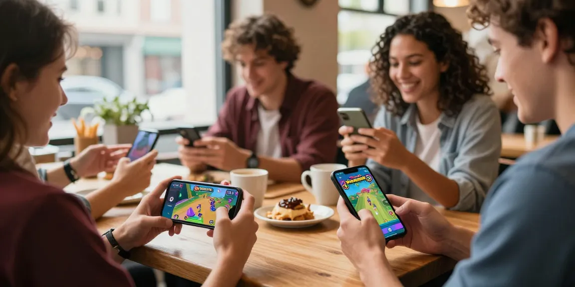 Mobile gaming experience with friends enjoying 3 Patti World app at café.