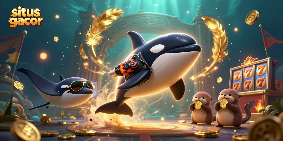 Situs gacor offers thrilling underwater slots as an orca jumps with sea friends.