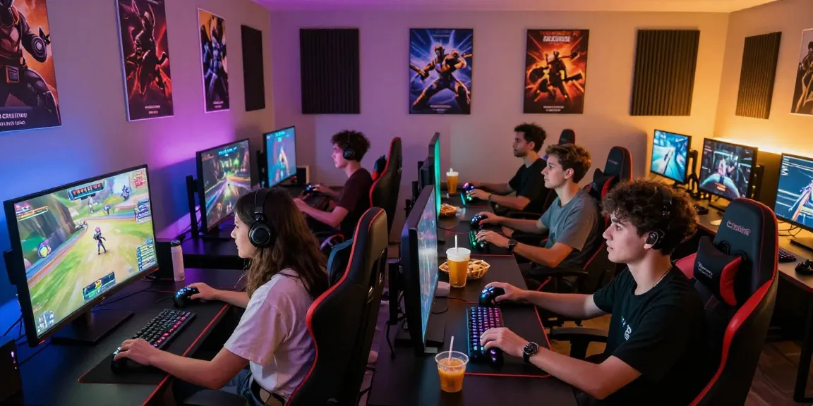 Group of friends enjoying gaming together in an immersive hitclub experience with colorful lighting and snacks.