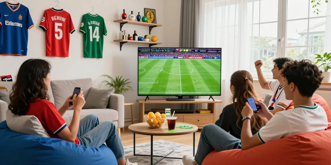 Excited friends watching a live match on موقع IHD Sports in a vibrant living room.