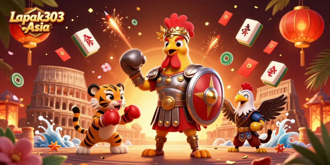 Engage in gaming excitement with Lapak303 Asia, featuring a gladiator rooster and lively casino elements.