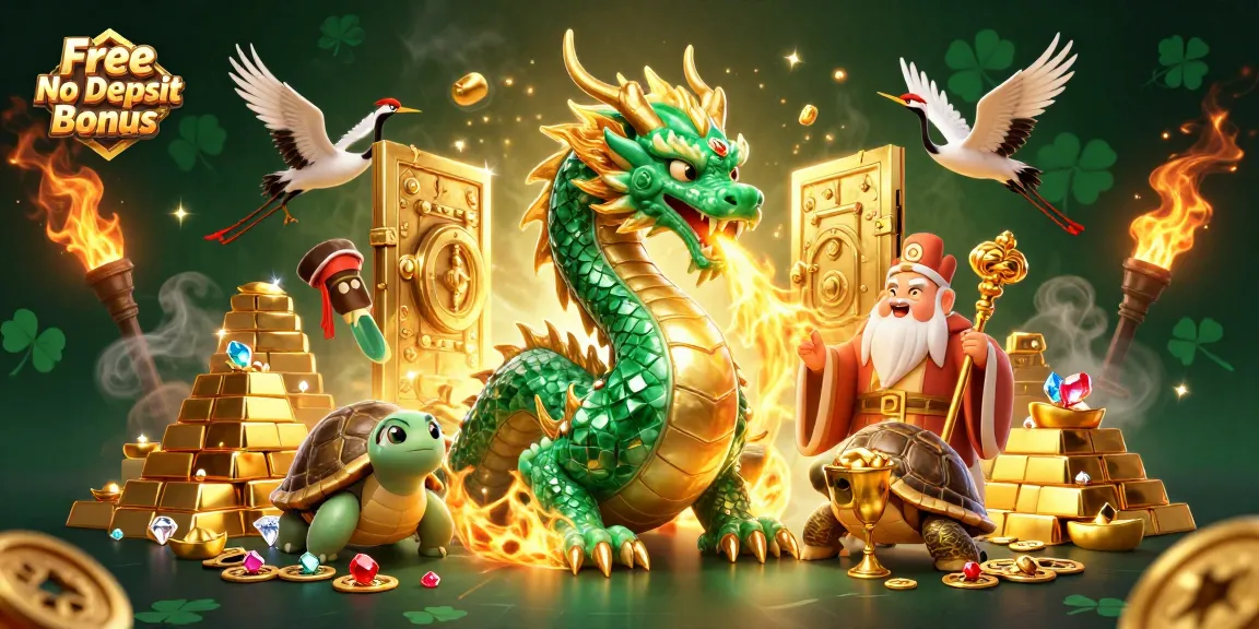 Experience excitement with Free No Deposit Bonus, as a jade dragon breathes fire amid treasures and symbols of luck.