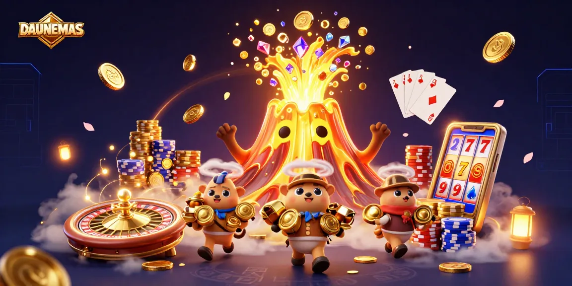 Experience fortune with DAUNEMAS, where a golden volcano erupts treasures in a dynamic casino scene.