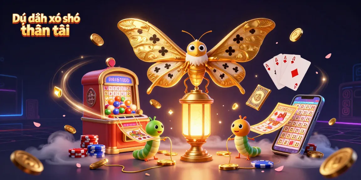 Dự đoán xổ số thần tài showcases a vibrant 3D illustration of a magical lottery scene with cascading coins and glowing elements.