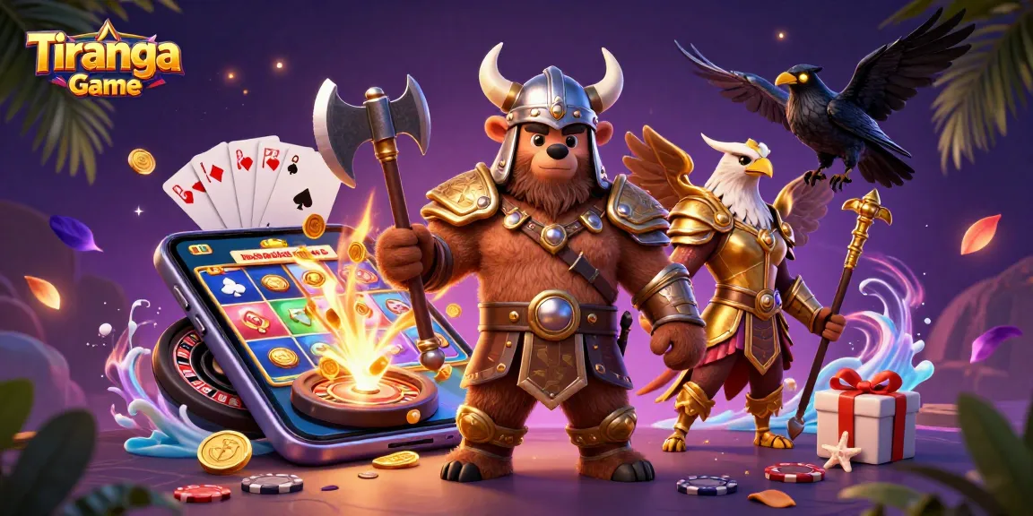Tiranga Game features a thrilling 3D illustration of a Viking berserker and Valkyrie amidst vibrant casino elements.