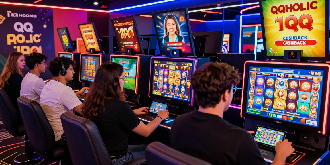 Engaged players enjoying QQHOLIC SlotQQ games on mobile devices in a lively online casino atmosphere.