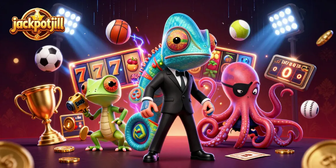 Jackpotjill showcases a vibrant 3D illustration with a colorful casino theme including characters and slot elements.