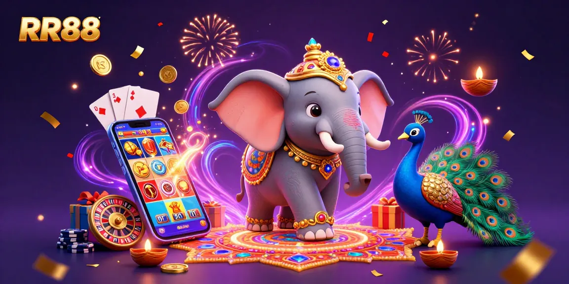 Engage with the RR88 online casino experience featuring vibrant 3D scenes of festive elements and game icons.