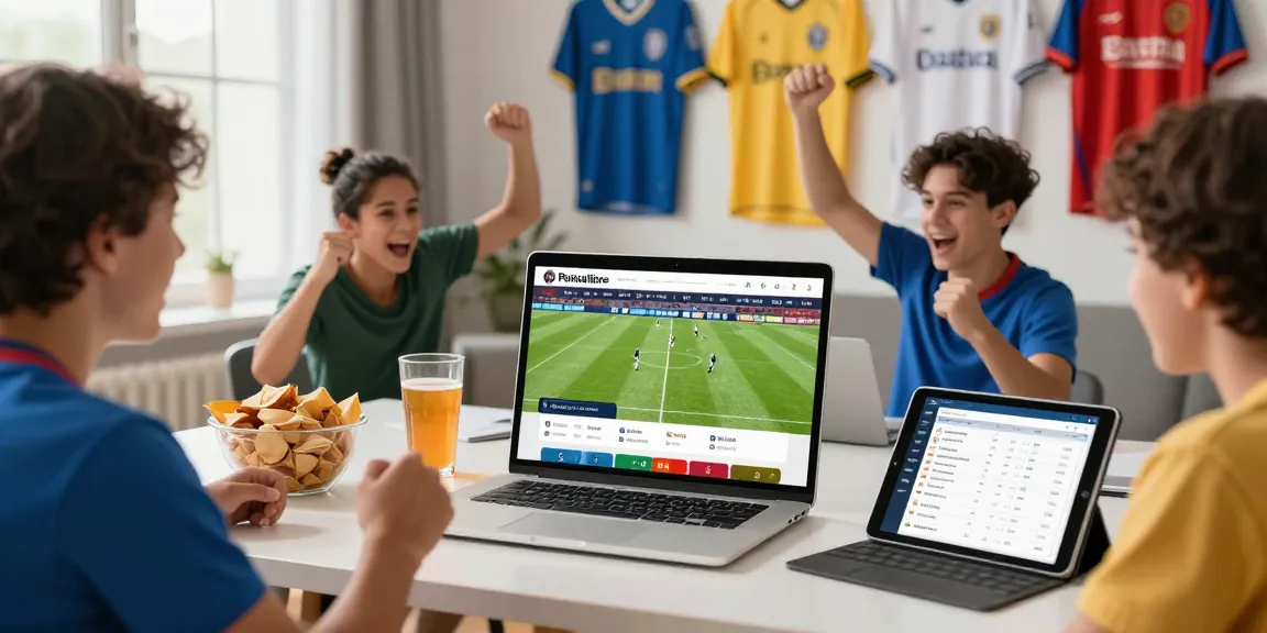 Fans enjoying Pelotalibre with live football streaming on laptop, vibrant atmosphere of sports excitement.