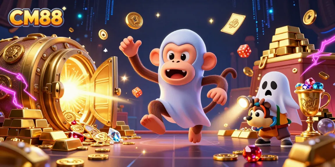CM88 showcases a haunted casino scene with a playful poltergeist monkey juggling gold while a curious puppy tracks it.
